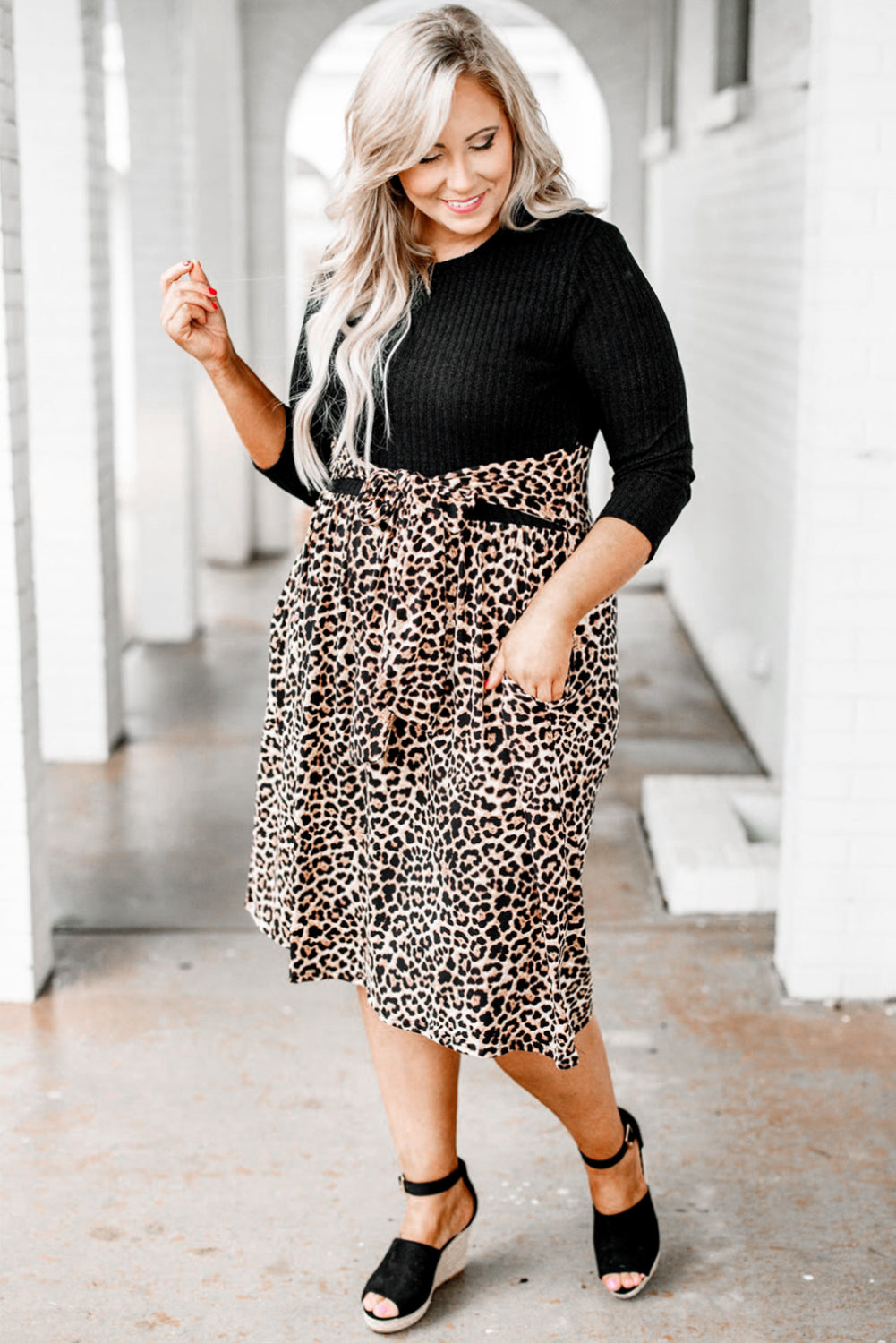 Ribbed Knit Leopard Plus Size Midi Dress