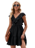 Ruffle Trim V Neck Smocking Back Mini Dress