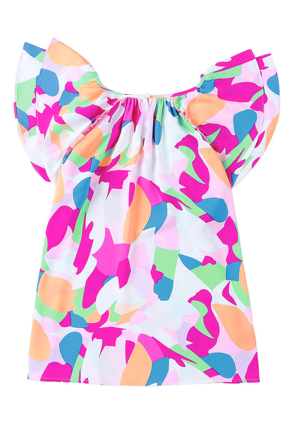 Abstract Pattern Ruffle Short Sleeves Blouse