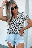 Leopard Notch Neck Bubble Sleeve Blouse