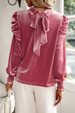 Red Mock Neck Puff Sleeve Velvet Blouse