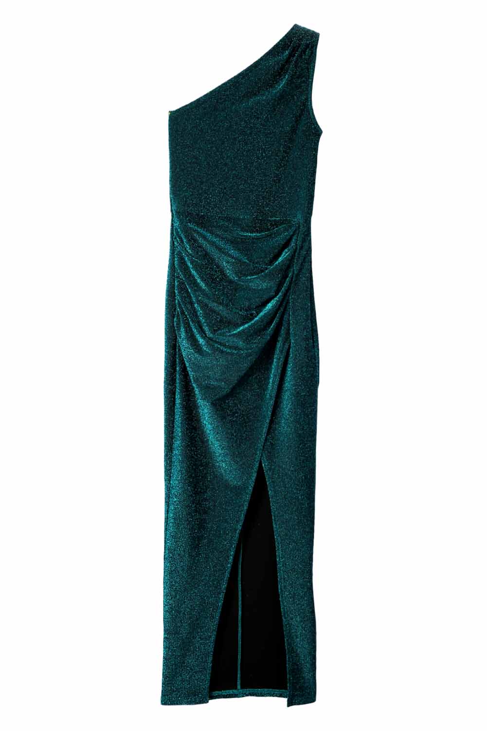 Robe verte à paillettes et asymétrique épaule dénudée, fente haute