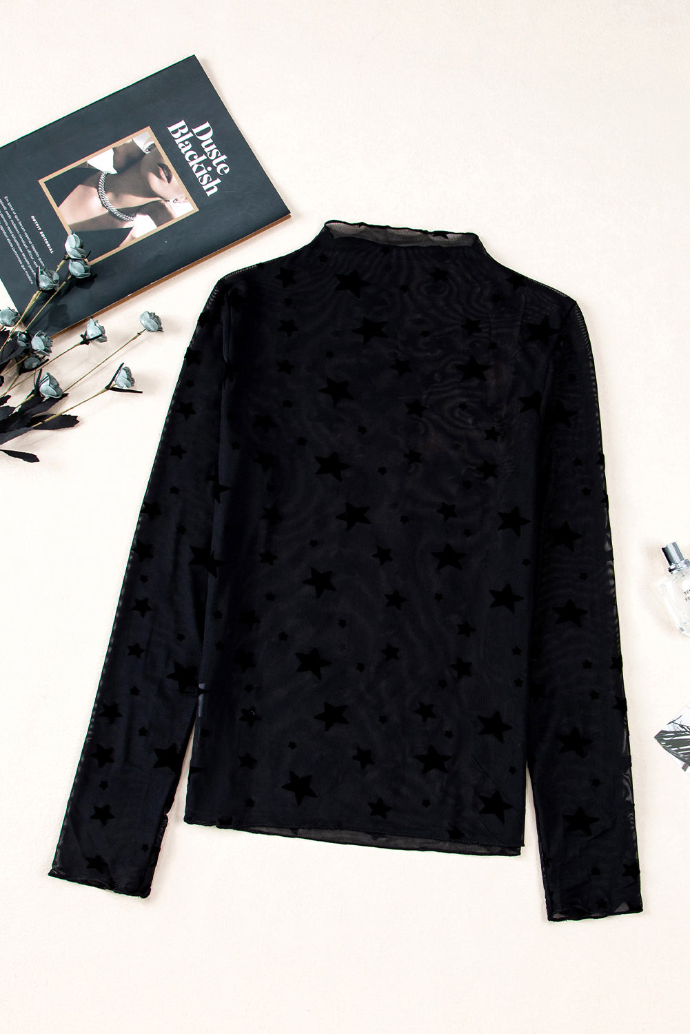 Black Star Embellished Sheer Mesh Long Sleeve Top