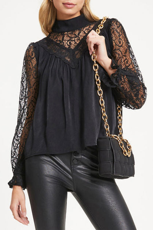 Mock Neck Lace Splicing Long Sleeve Blouse