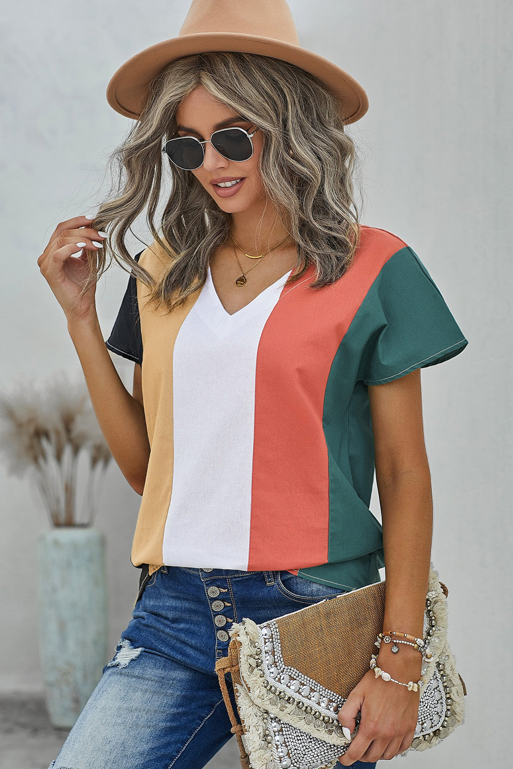 Multicolor Colorblock V Neck Short Sleeve Top