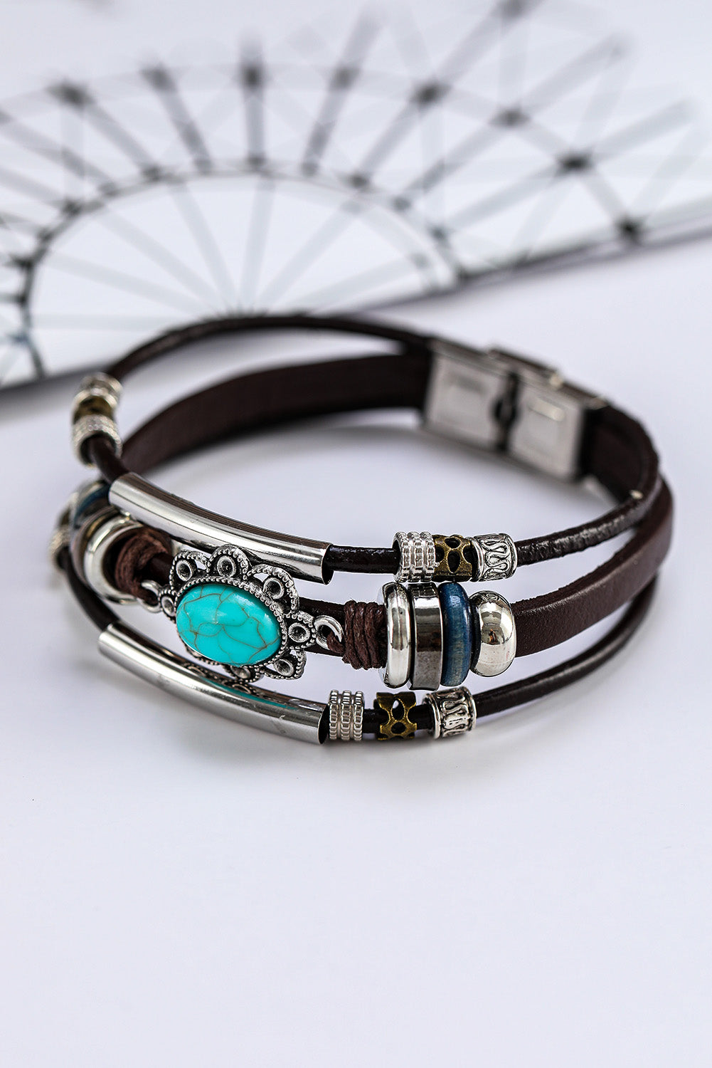 Brown Turquoise Faux Leather Multi-layered Bracelet