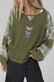 Plaid Patch Waffle Knit Exposed Seam Bubble Sleeve Top