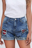 Floral Patchwork Rolled Hem Denim Shorts