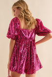 Rose Red Short Puff Sleeve Sequin Babydoll Romper