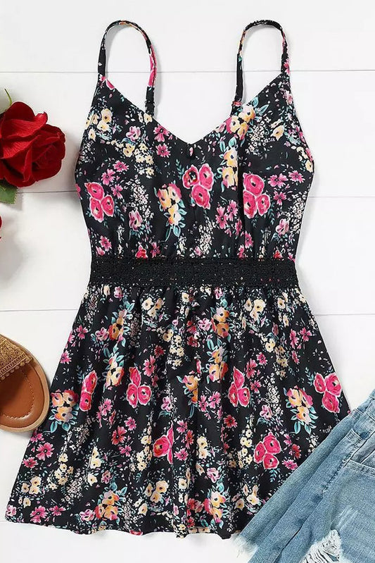 Lace Contrast Floral Peplum Tank Top