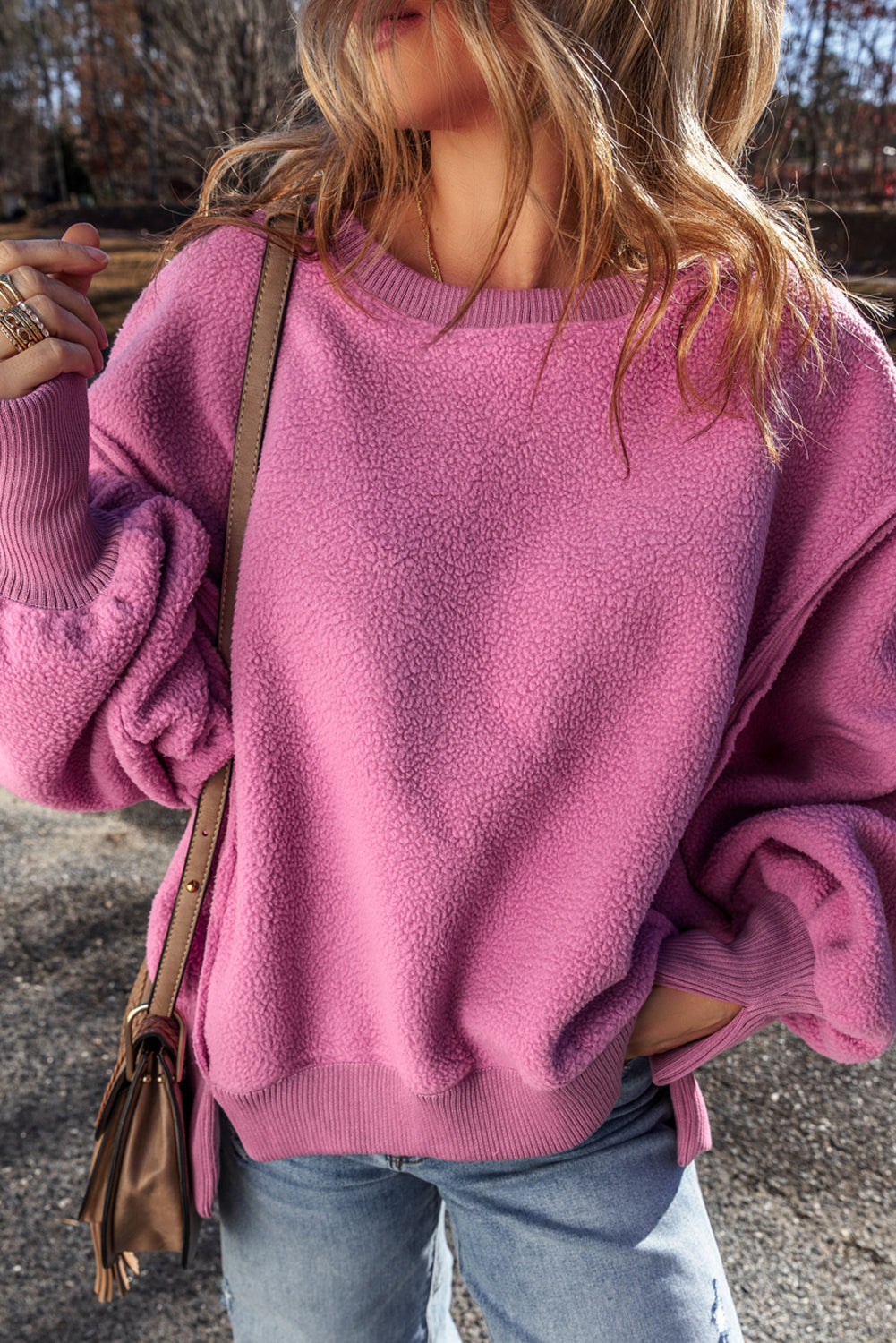 Bright Pink Sherpa Seamed Drop Shoulder Oversized Sweatshirt