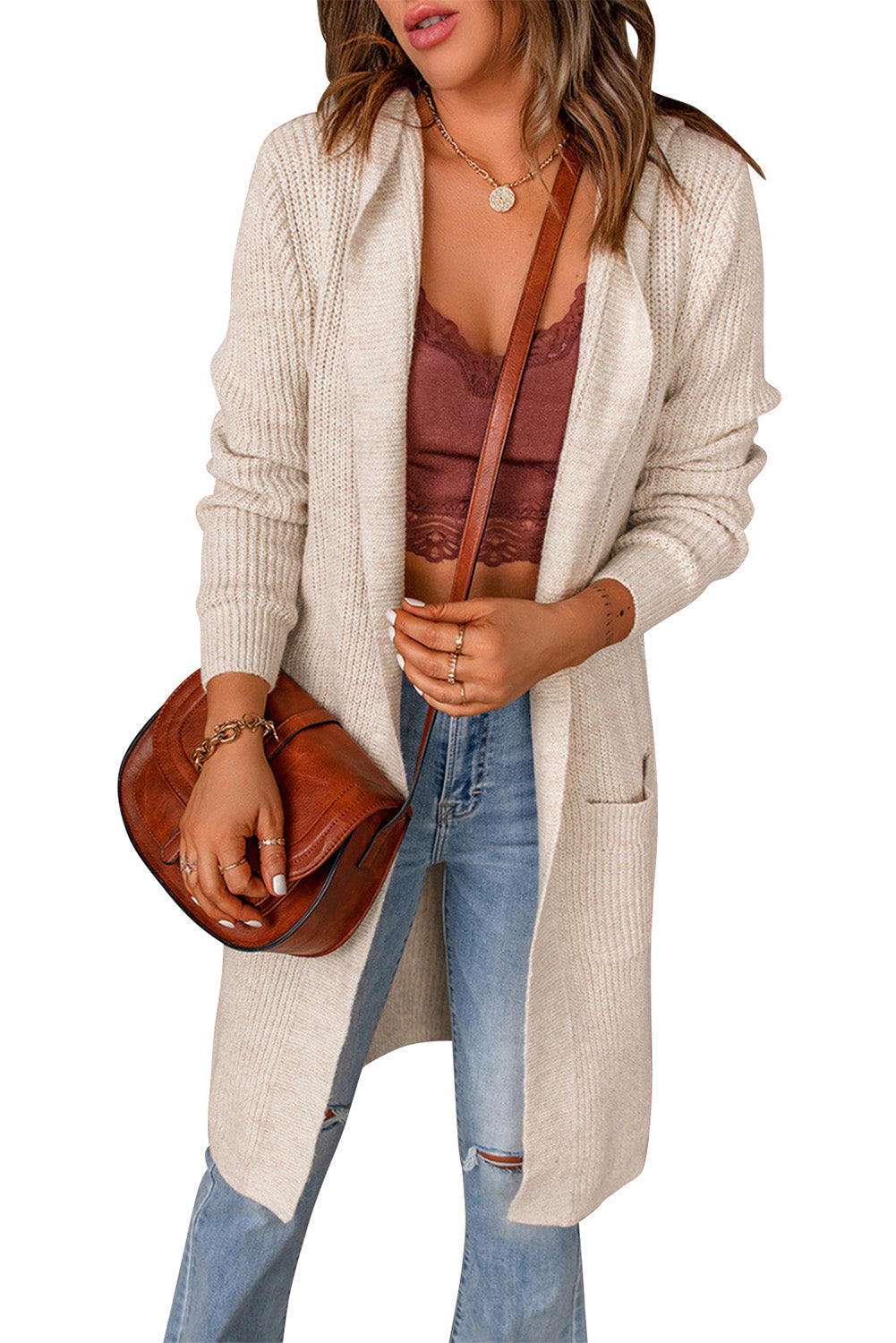 Hooded Pockets Open Front Knitted Cardigan