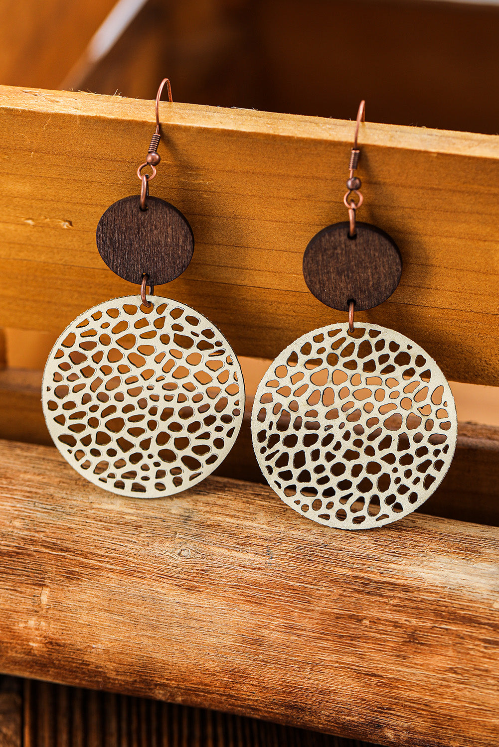 Hollow Out Wooden Round Drop Earrings