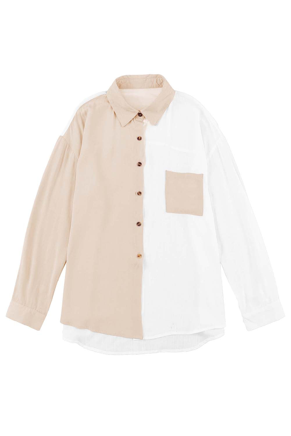 Colorblock Buttons Shirt-Collar Long Sleeve Pocket Blouse