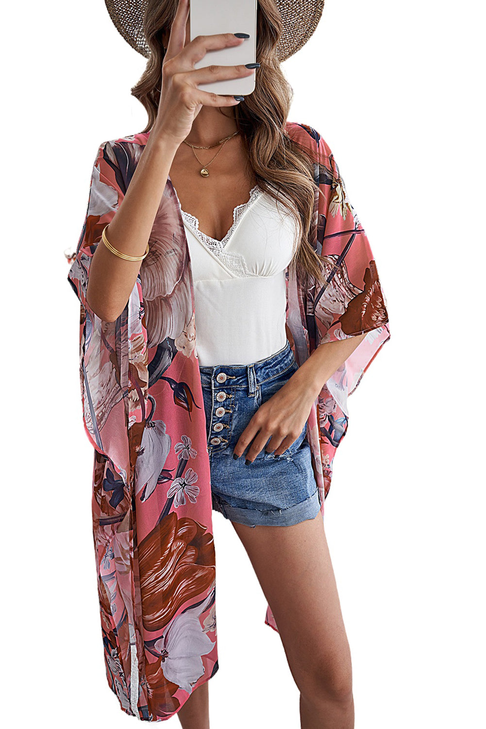 Kimono de plage rose à imprimé floral Boho