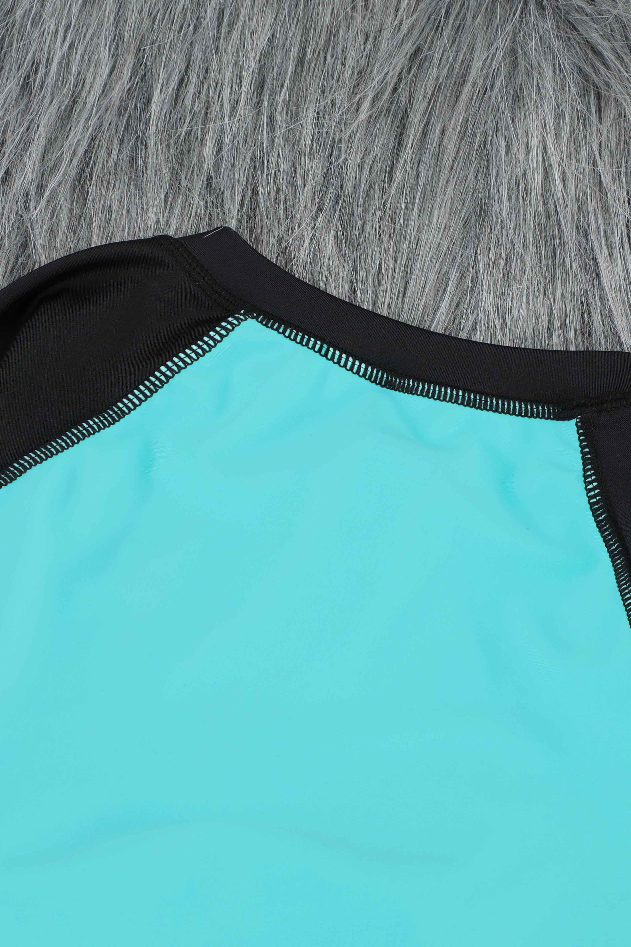 Color Block Zipper Long Sleeve Rash Guard Swimwear