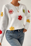 White Colorful Flower Applique Textured Knit Sweater