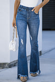 Frayed Tassel Hem Elastic Waist Flared Jeans