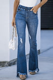 Frayed Tassel Hem Elastic Waist Flared Jeans