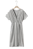 Stripe Wrapped V Neck Short Sleeve Split Dress