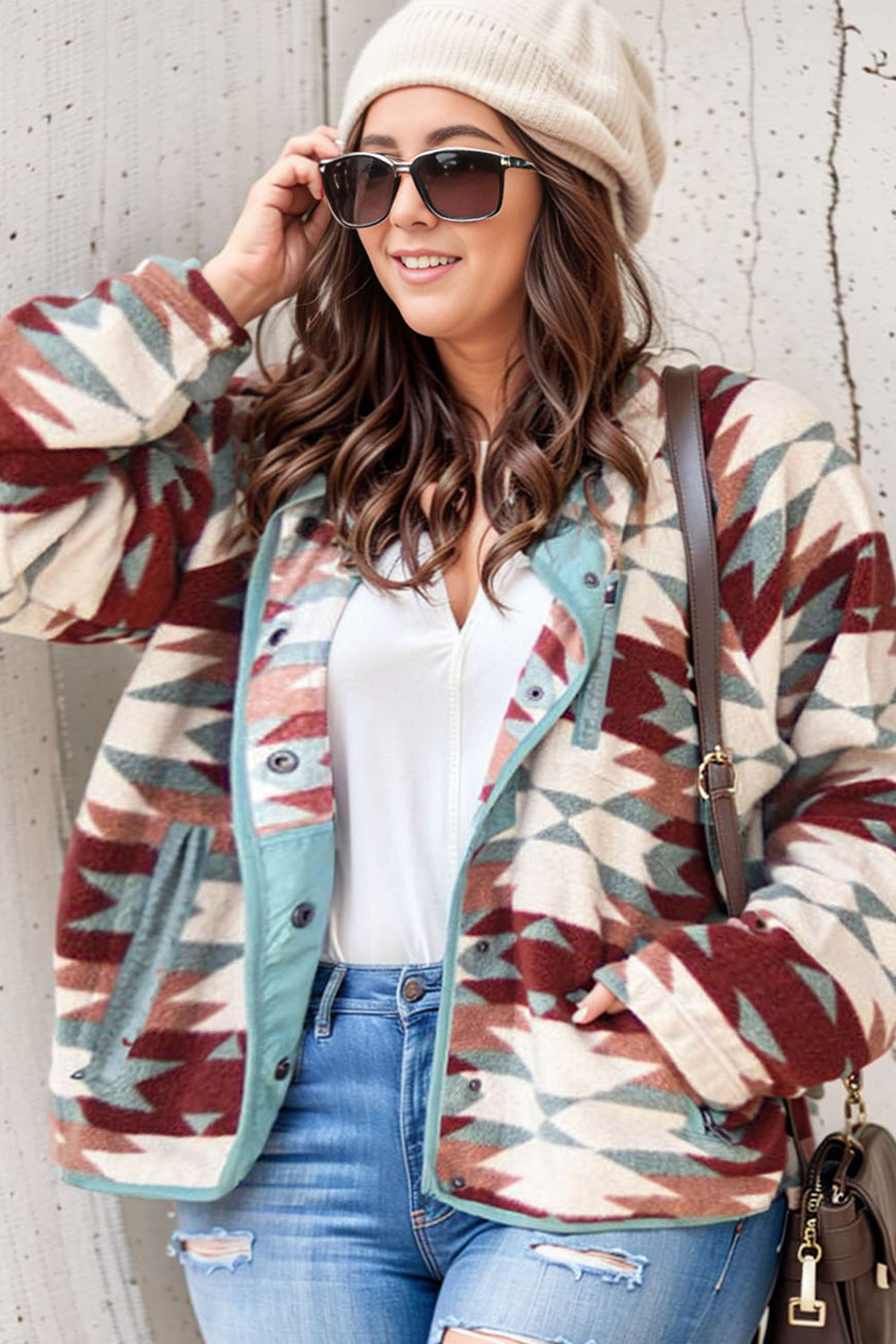 Red Geometric Aztec Pattern Plus Size Fleece Jacket