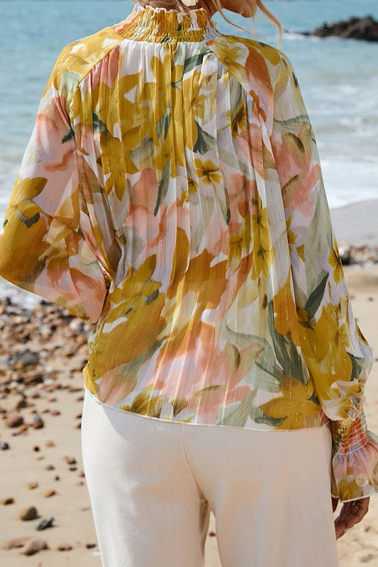 Floral Print Flounce Sleeve Mock Neck Blouse