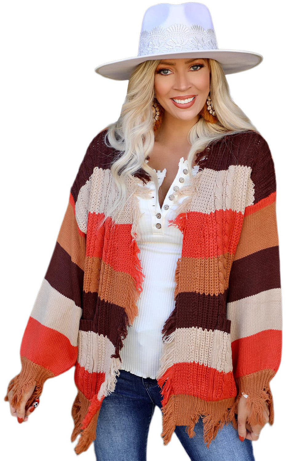 Striped Knit Frayed Hem Cardigan