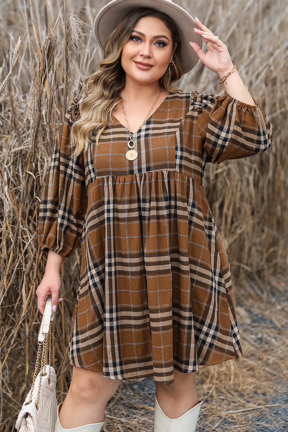 Brown Plaid Pattern Empire Waist Babydoll Dress