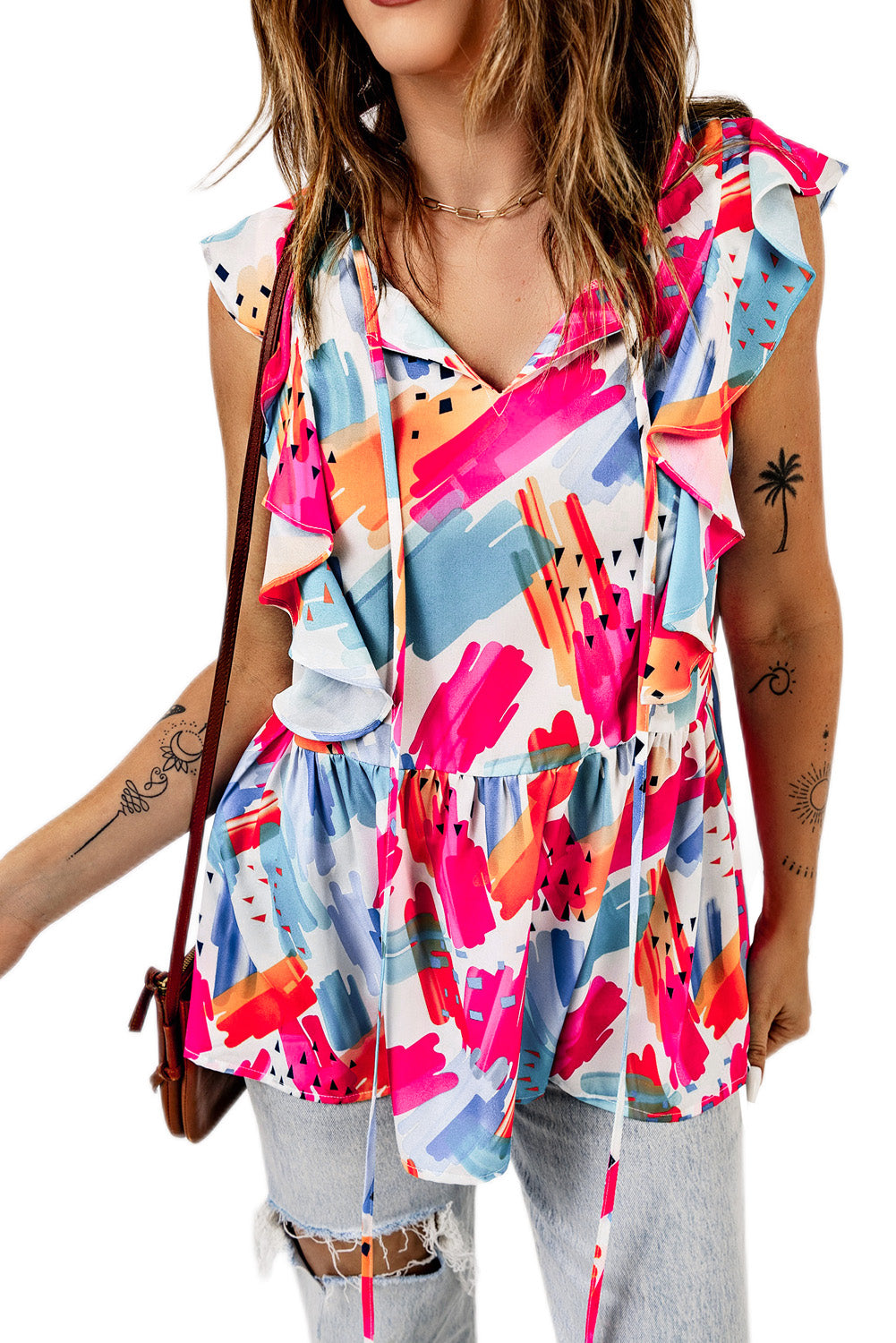 Abstract Print V Neck Ruffled Tank