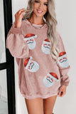 Pink Solid Ribbed Knit Round Neck Pullover Sweatshirt