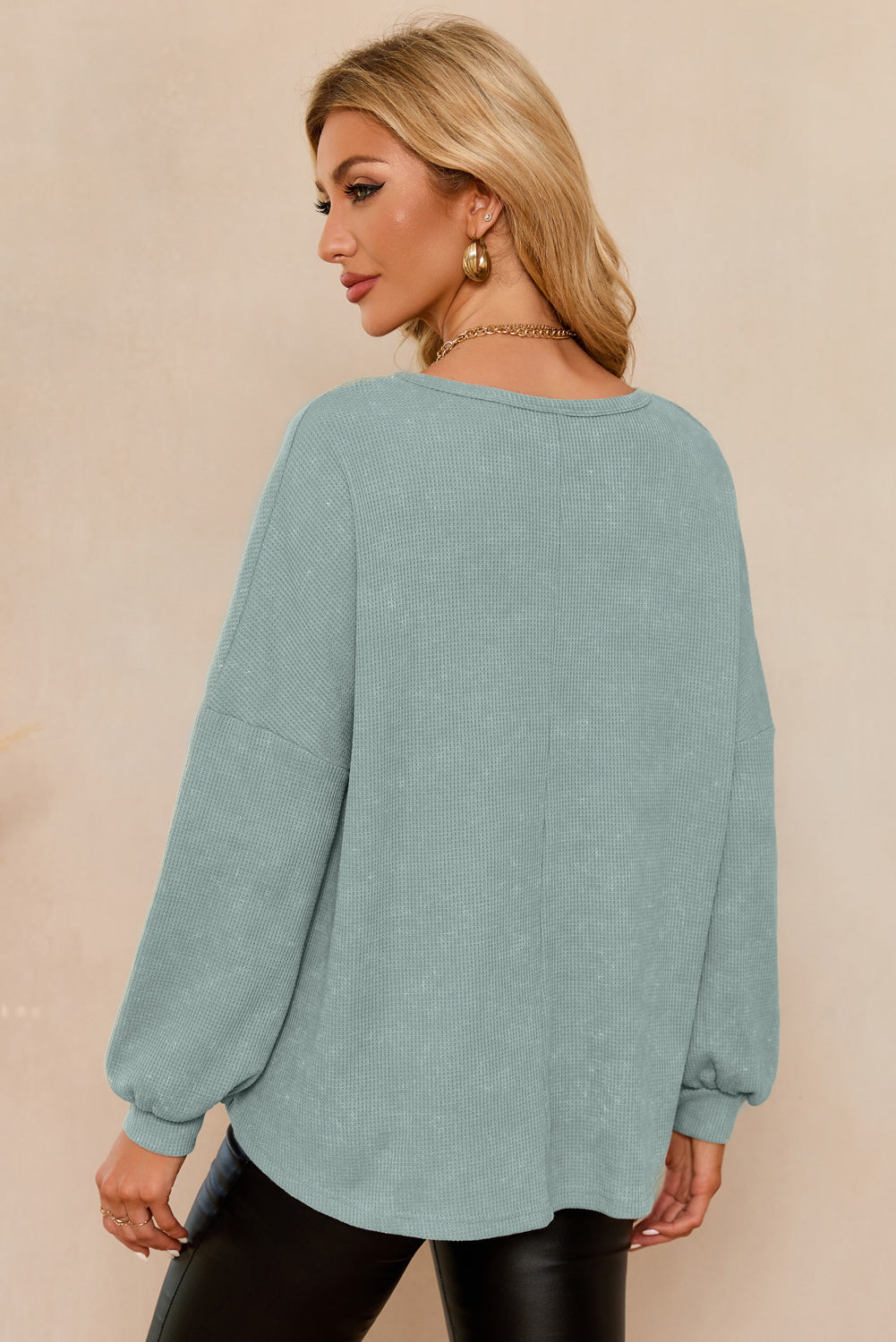 Waffle Knit V Neck Long Sleeve Loose Tunic Top