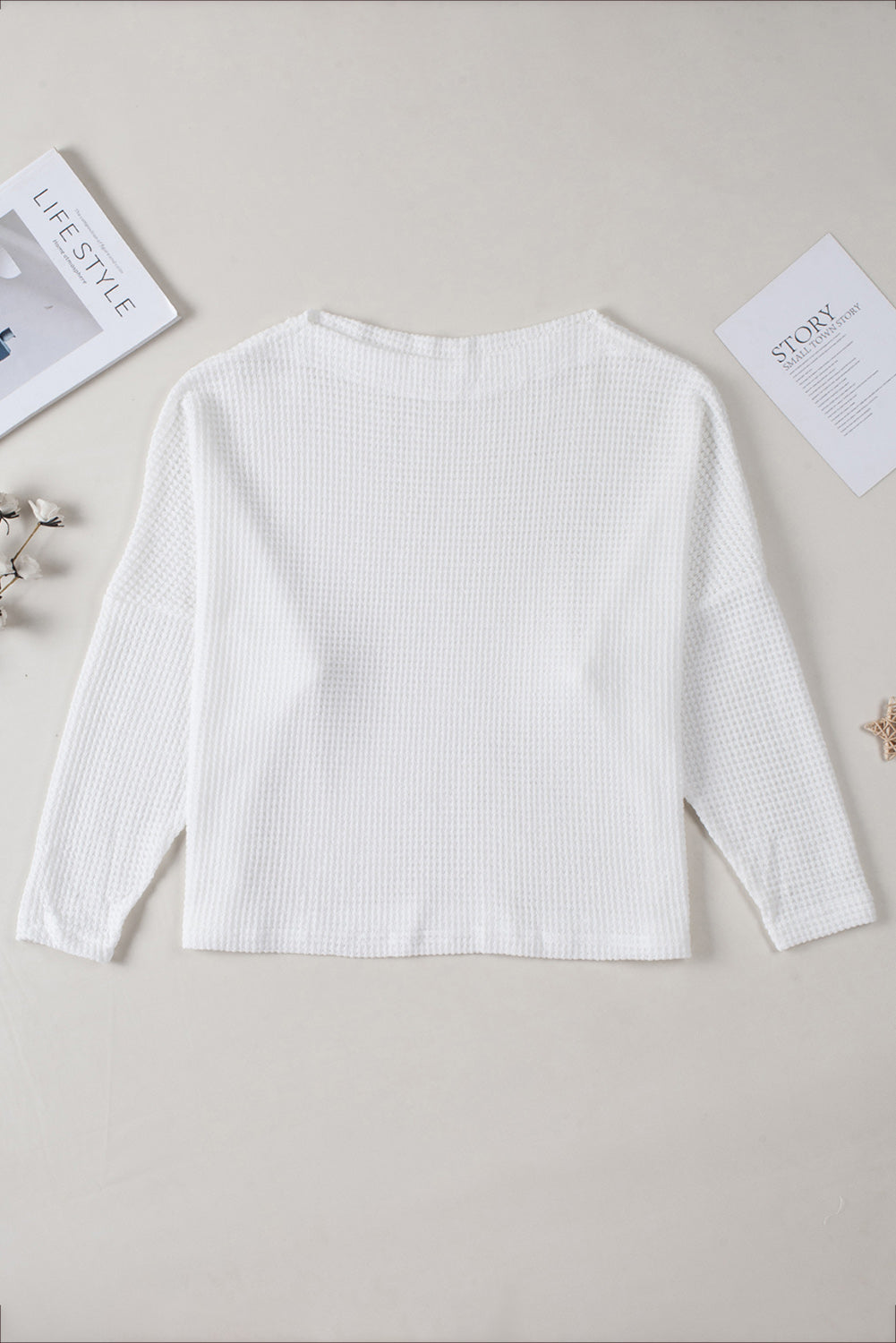 Waffle Knit Eyelet Long Sleeve Blouse