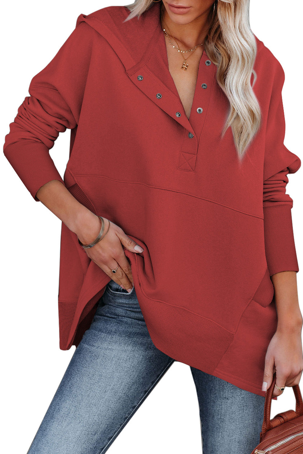 Turquoise Batwing Sleeve Pocketed Henley Hoodie