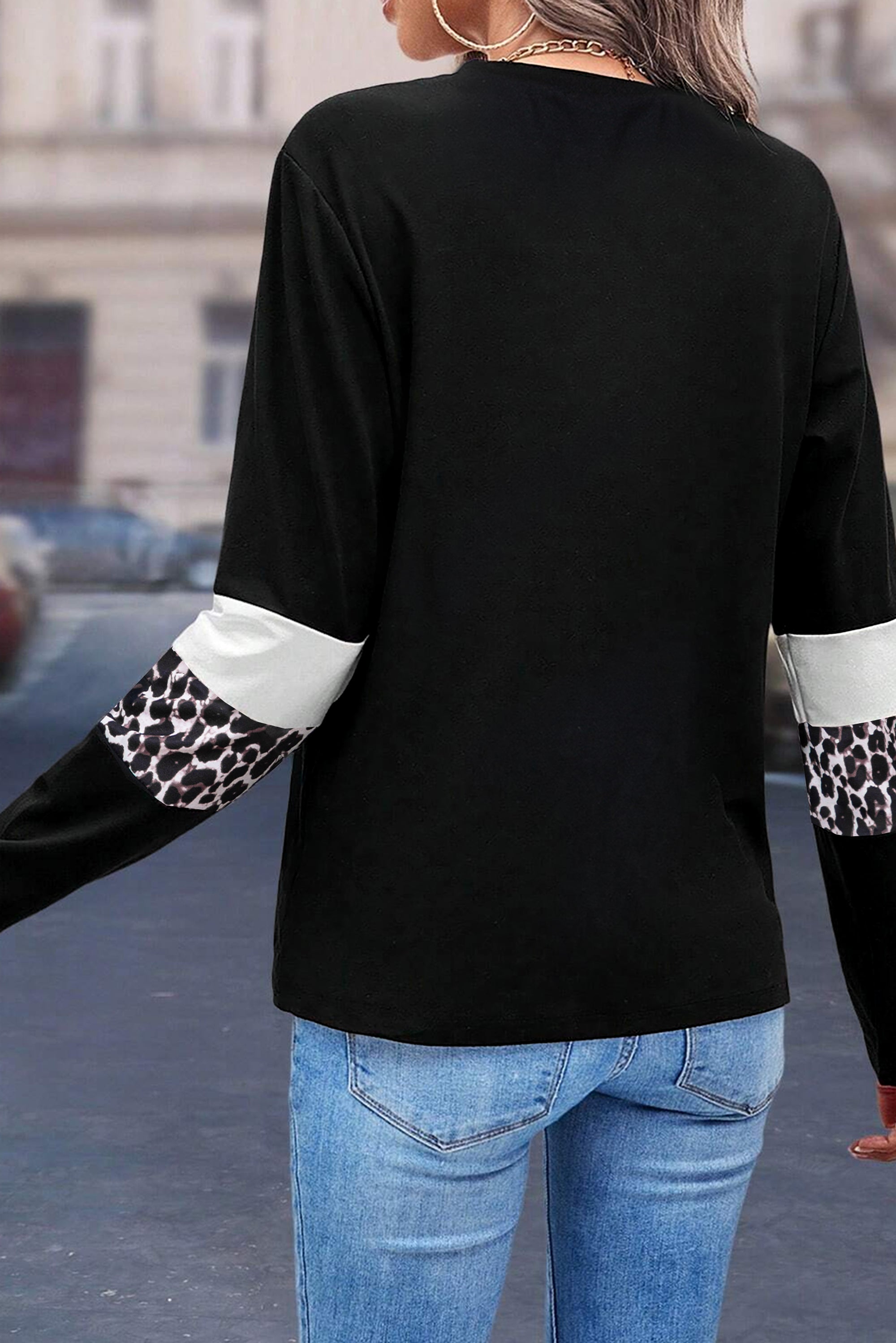 Khaki Leopard Colorblock Patchwork Crew Neck Long Sleeve Tee