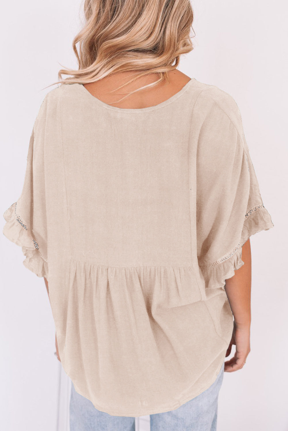 Ruffled Lace Detail Loose V Neck Top