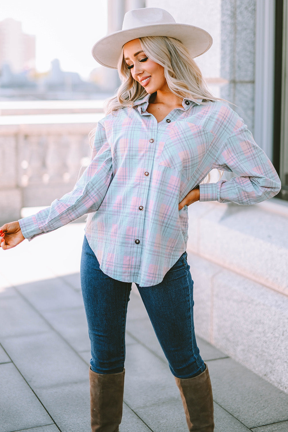 Chemise à manches longues à motif écossais et encolure à col rose