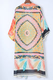 Bohemian Patchwork Print Drawstring Puff Sleeve Kimono