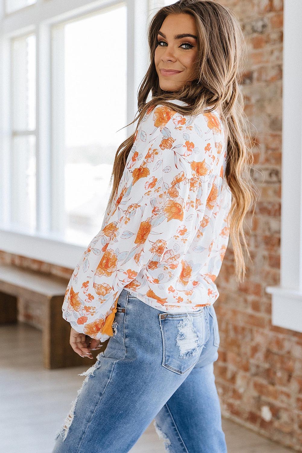 Tassel Tie V Neck Bubble Sleeve Floral Blouse