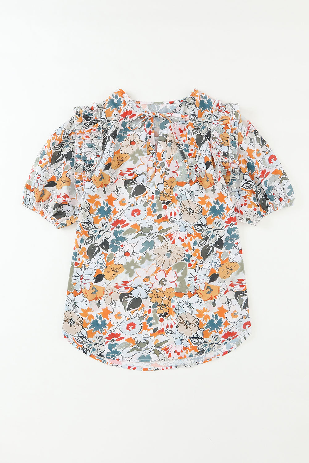 Split V Neck Puff Sleeve Flower Print Blouse