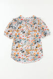 Split V Neck Puff Sleeve Flower Print Blouse