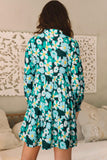 Green Floral Tiered Long Puff Sleeve Shirt Dress