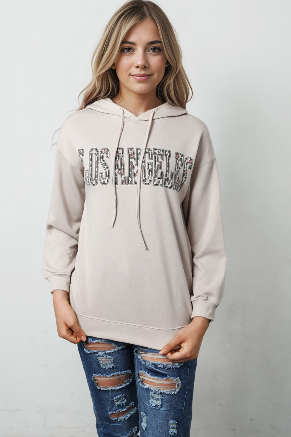 LOS ANGELES Leopard Letter Graphic Hooded Sweatshirt