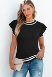 Bonbon Edge Piping Ruffled Sleeve Round Neck Knit Top