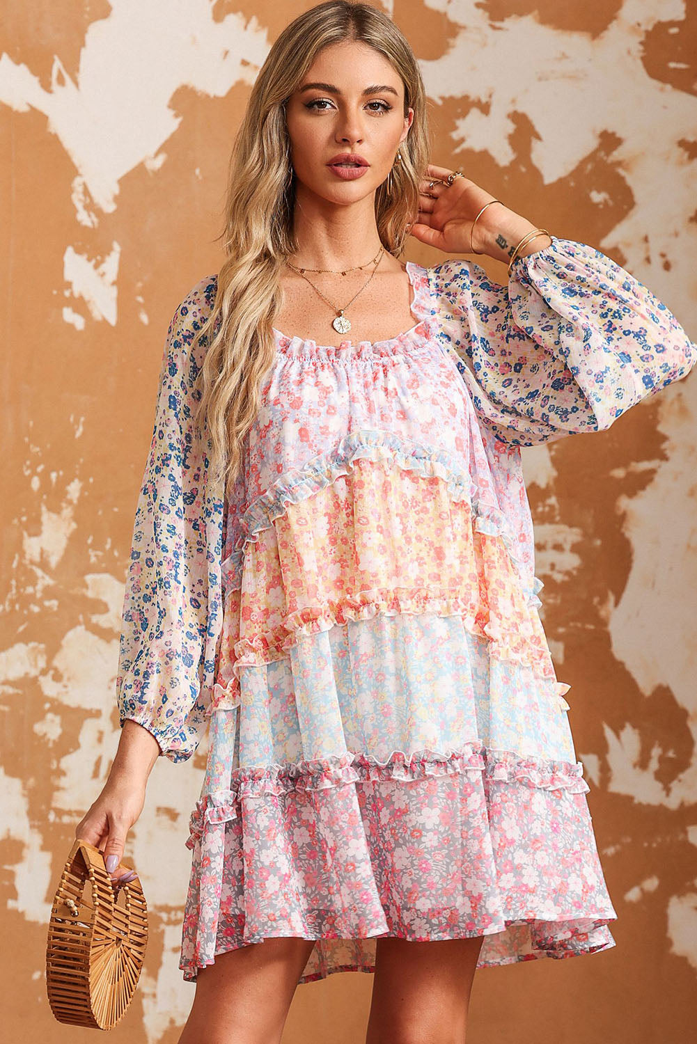 Floral Colorblock Tiered Puff Sleeve Dress