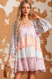 Floral Colorblock Tiered Puff Sleeve Dress