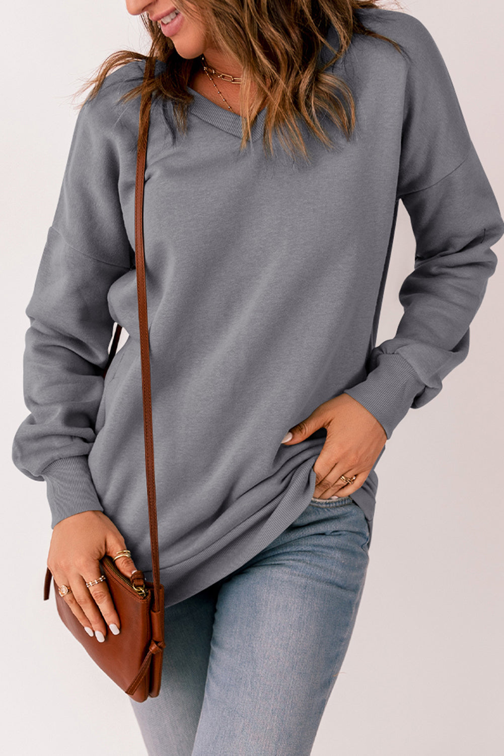 Ribbed V Neck Drop Shoulder Sweatshirt