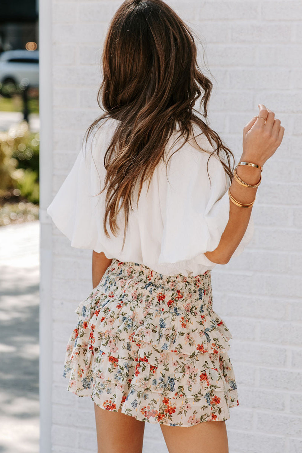 Smocked High Waist Ruffle Tiered Floral Skirt