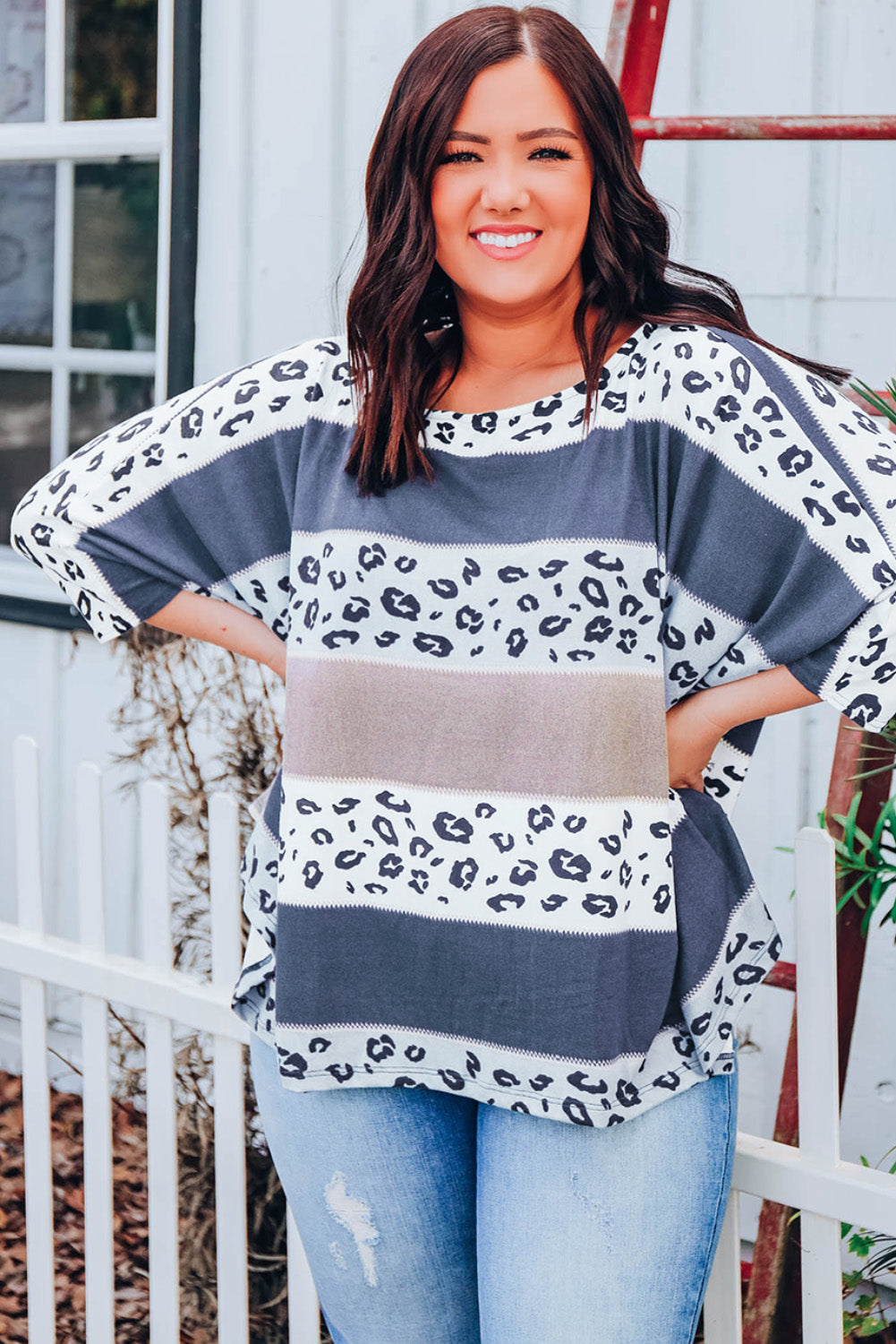 Plus Size Leopard Striped Color Block Oversized Top