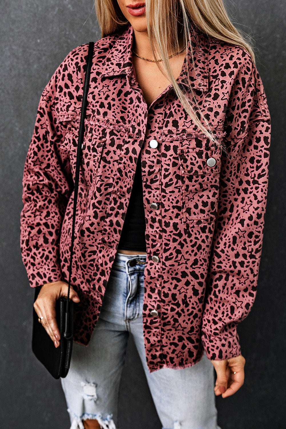 Stars & Animal Spots Print Button Up Denim Shacket