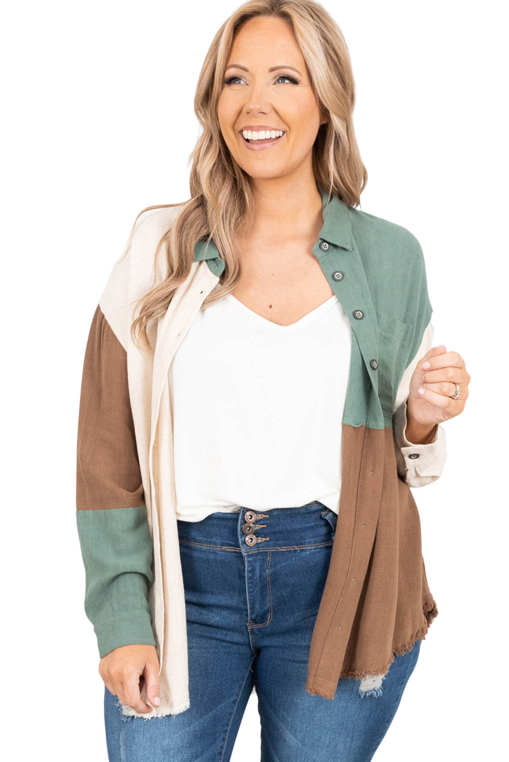 Colorblock Raw Edge Plus Size Shirt